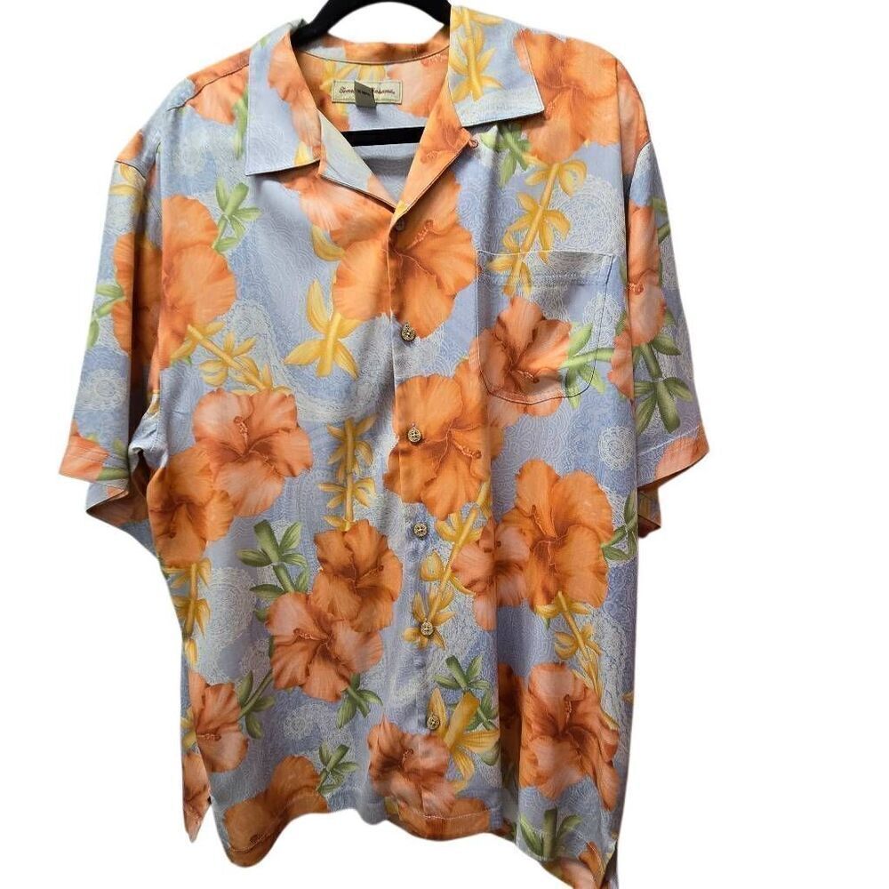 Tommy Bahama Mens Floral Silk Button-up Hawaiian Camp Shirt Blue Coral Large
